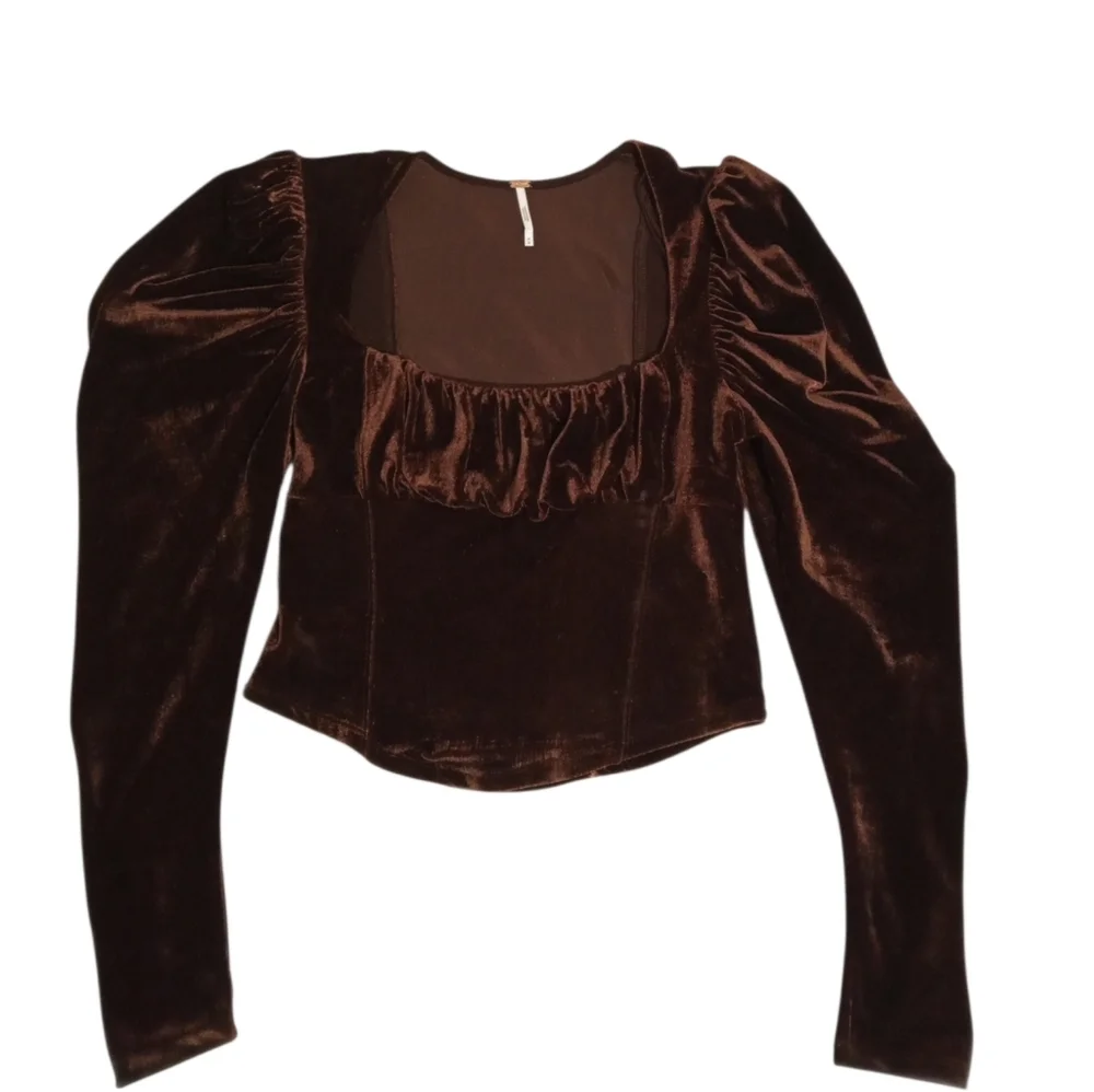 Free People Chocolate Brown Velvet Puff Sleeve Square Neck Corset Top Sz Medium
